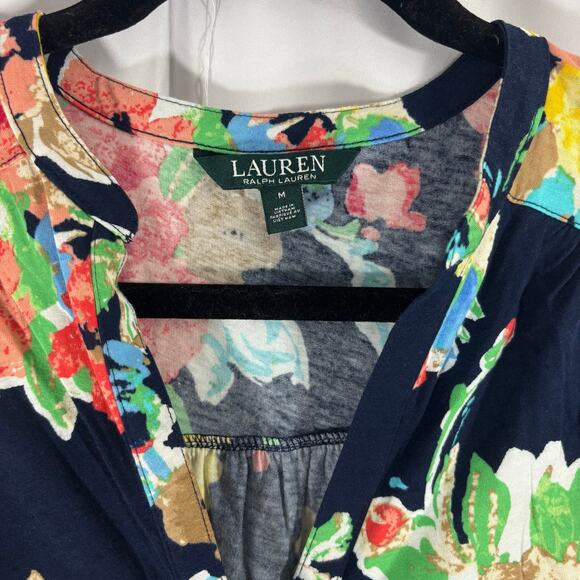 Lauren Ralph Lauren Navy Floral V-Neck Blouse Long Sleeve Med Preppy Boho Chic - Picture 3 of 4